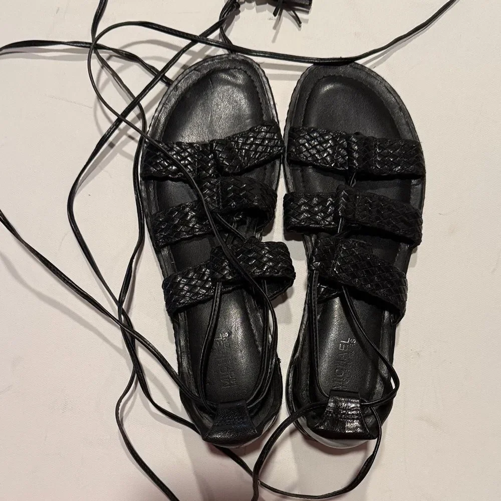 Michael Kors Black Woven Leather Gladiator Lace-Up Sandals